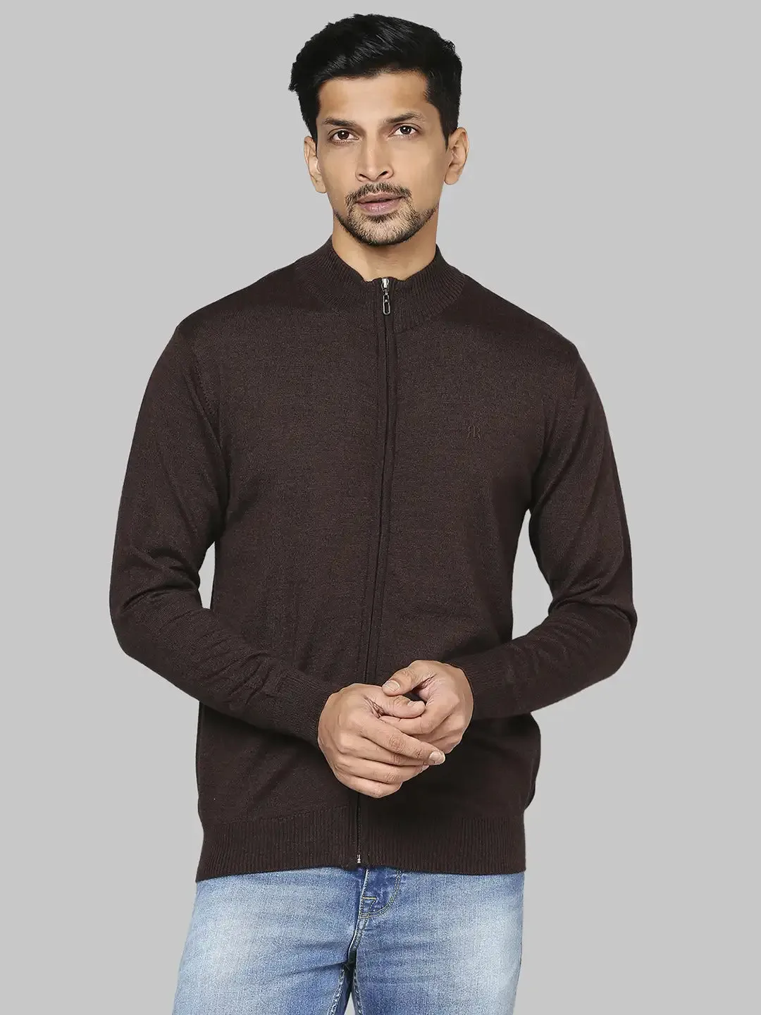 Men Brown Contemporary Fit Solid Wool Blend Band Collar Sweaters