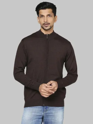 Men Brown Contemporary Fit Solid Wool Blend Band Collar Sweaters