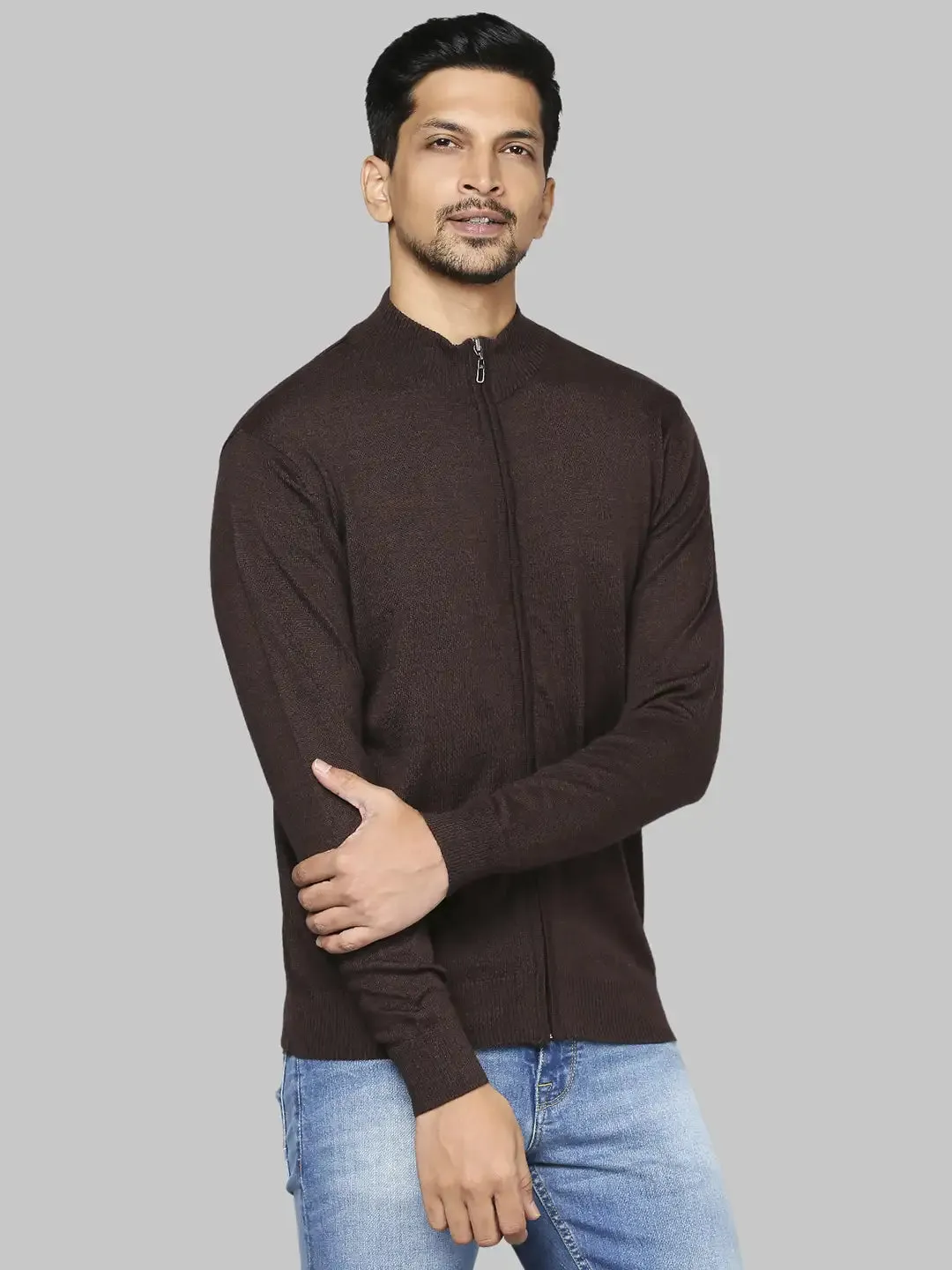 Men Brown Contemporary Fit Solid Wool Blend Band Collar Sweaters