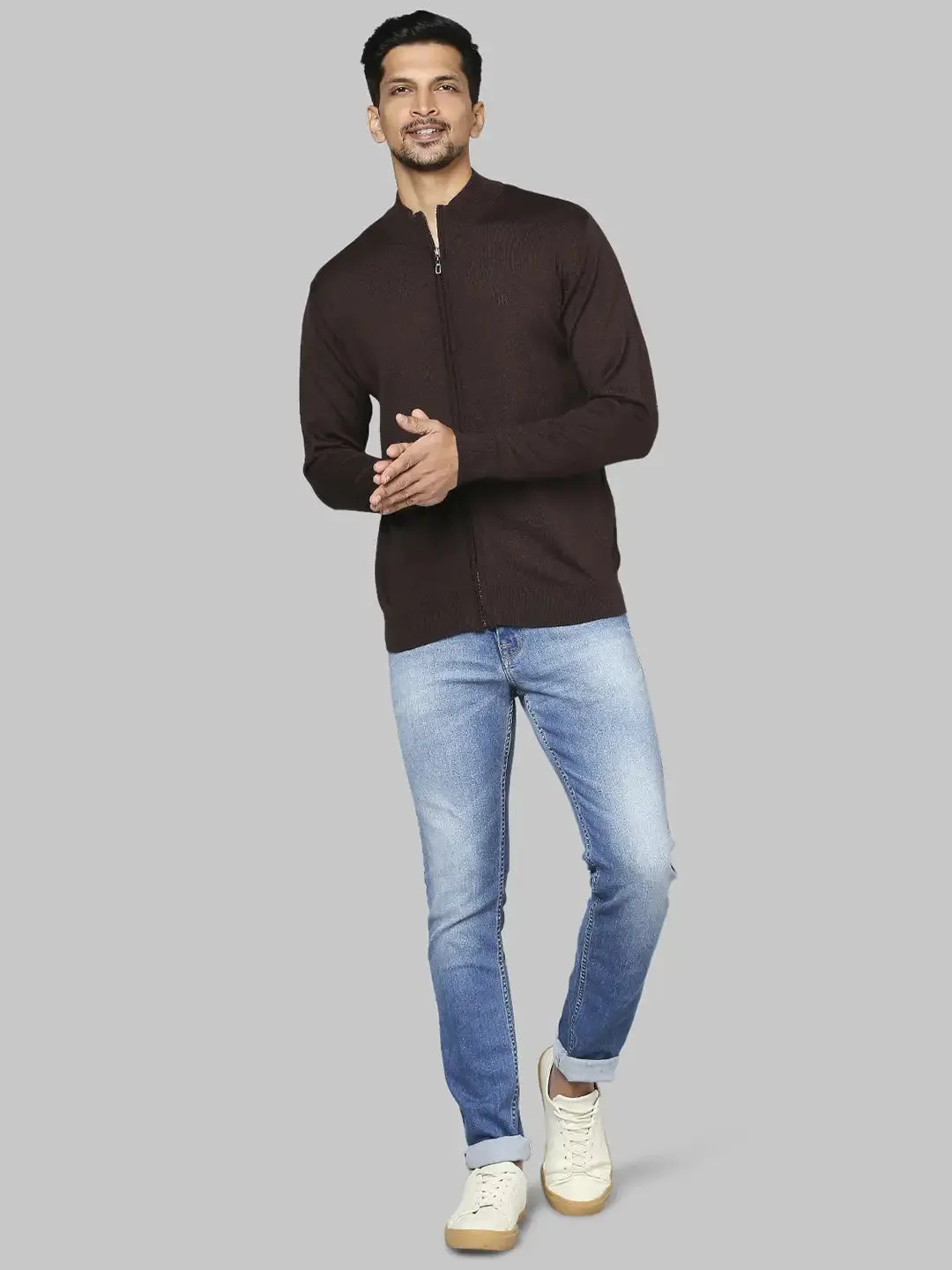 Men Brown Contemporary Fit Solid Wool Blend Band Collar Sweaters