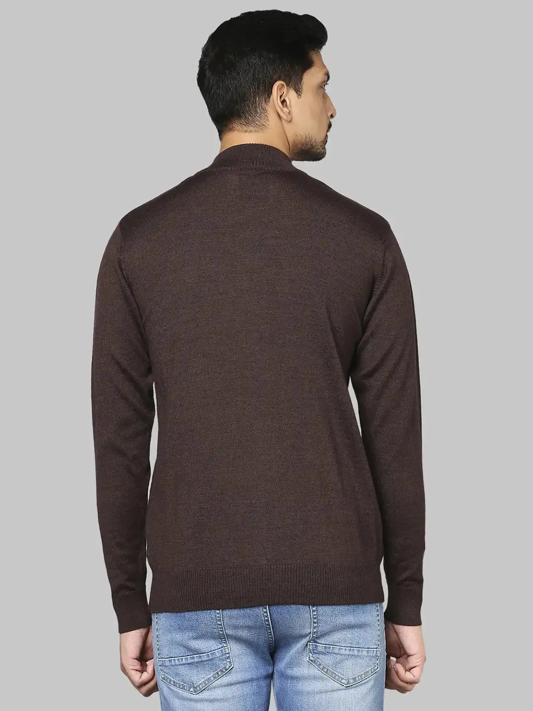 Men Brown Contemporary Fit Solid Wool Blend Band Collar Sweaters