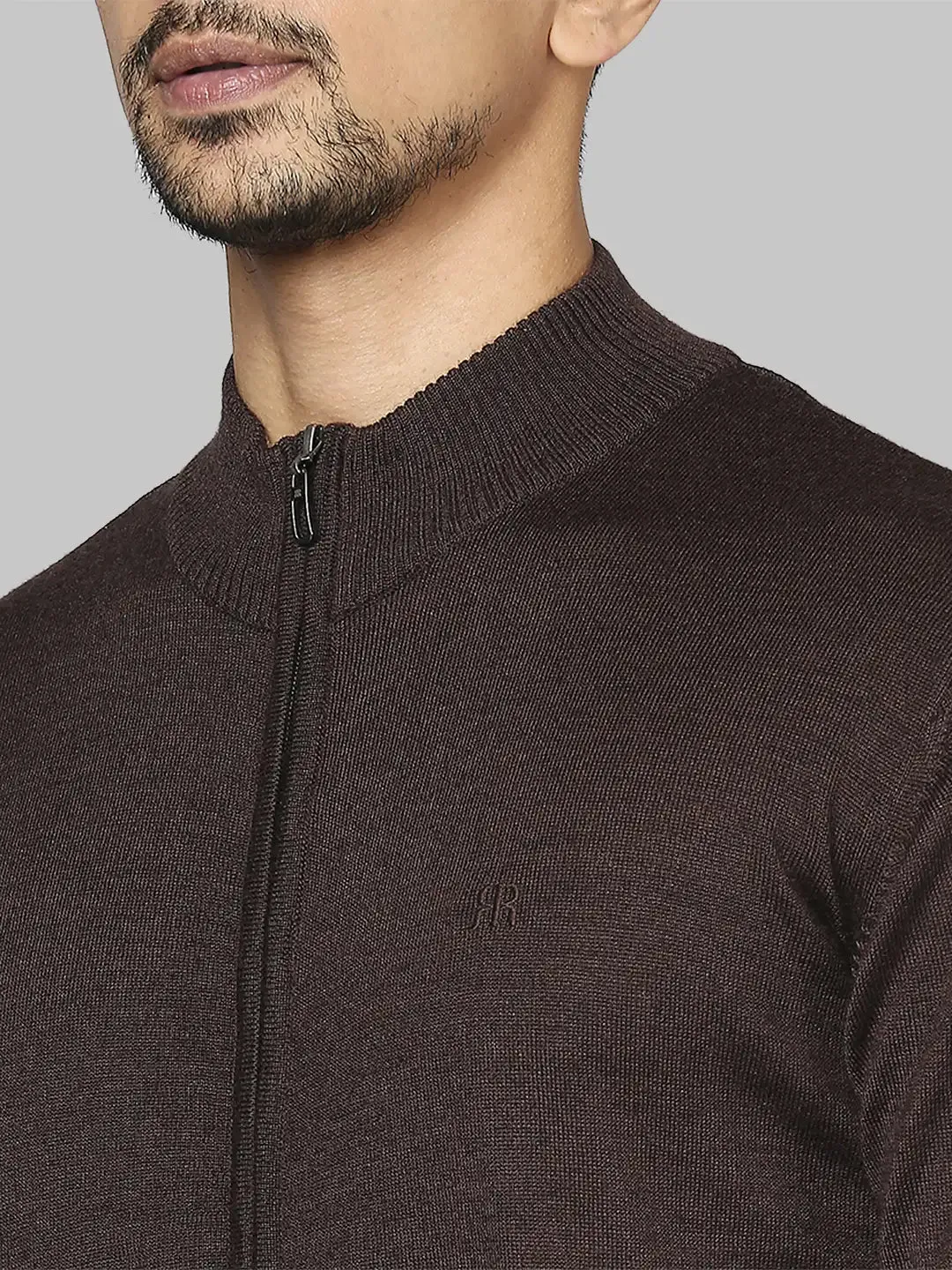 Men Brown Contemporary Fit Solid Wool Blend Band Collar Sweaters