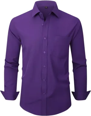 Men's Dress Shirts Long Sleeve Button Down Shirt Business Formal Stretch Shirt Regular Fit with Pockets