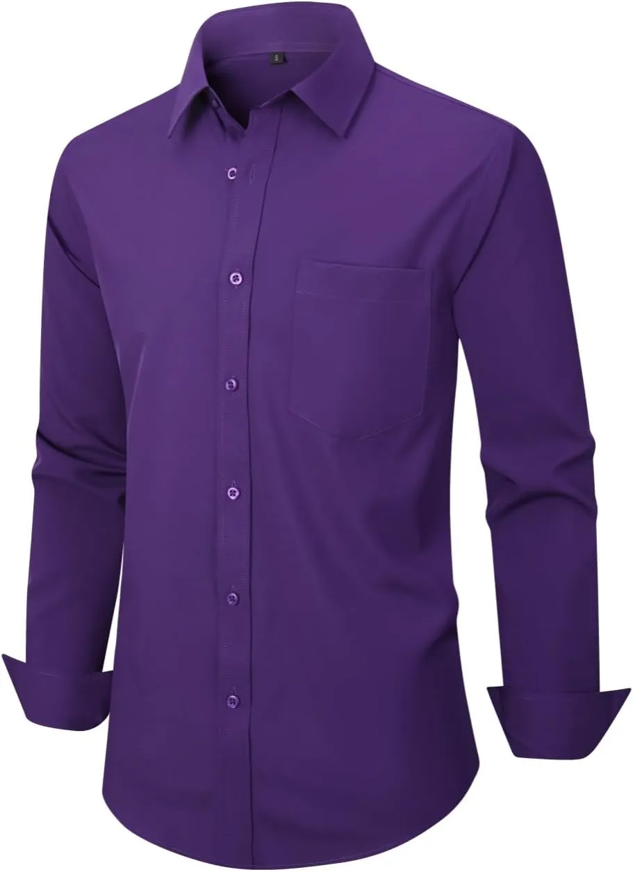 Men's Dress Shirts Long Sleeve Button Down Shirt Business Formal Stretch Shirt Regular Fit with Pockets