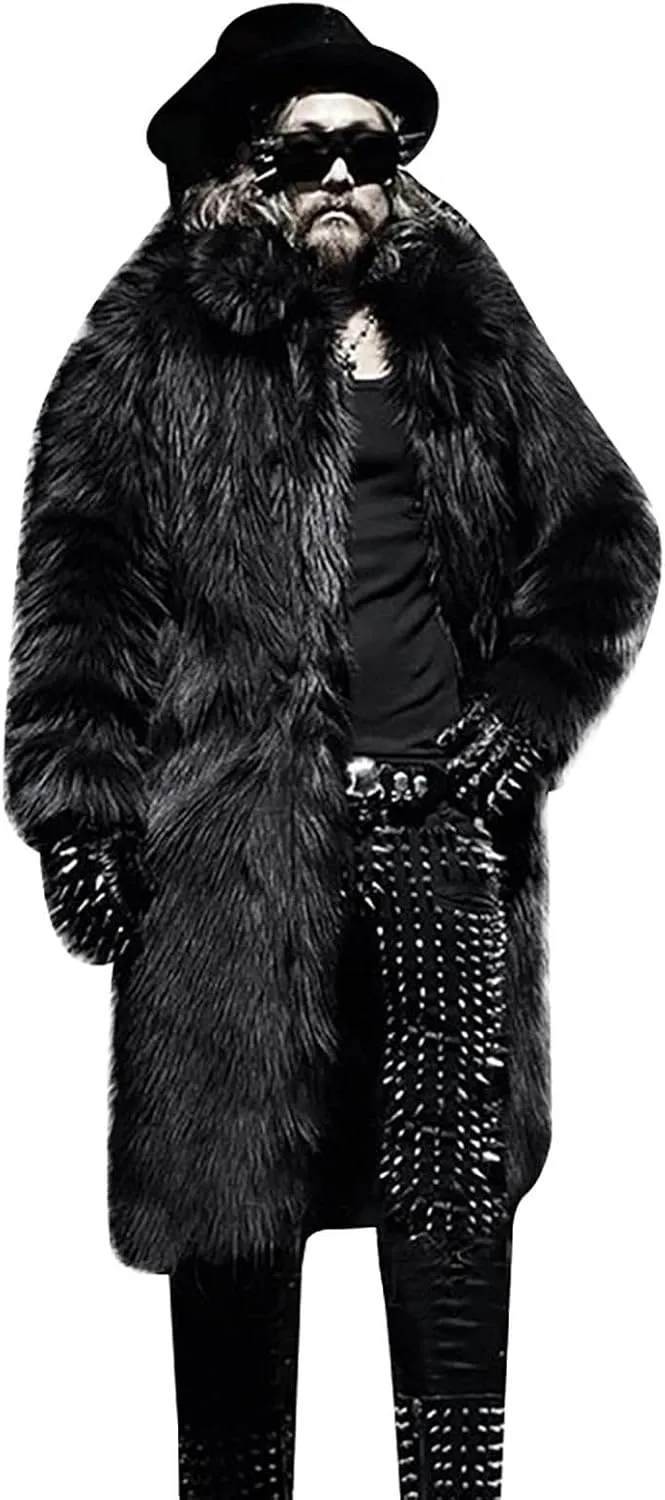 Men's Faux Fur Coats, Open Front Plus Size Thicken Warm Winter Overcoat, Luxury Fluffy Long Jackets Cardigan