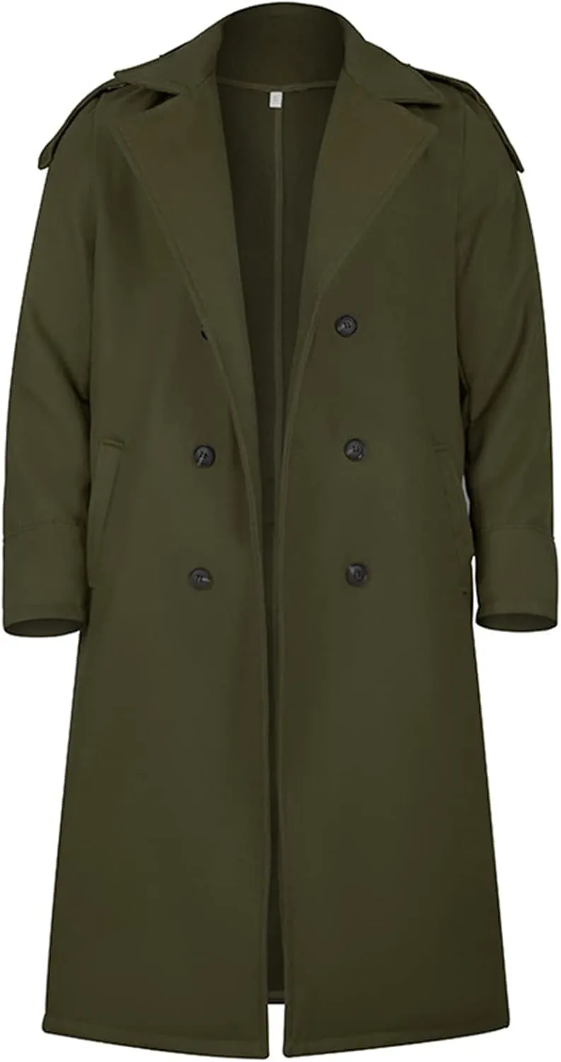 Men's Full Length Winter Trench Coat Double Breasted Wool Blend Long Windbreaker Notch Lapel Peacoat Overcoat