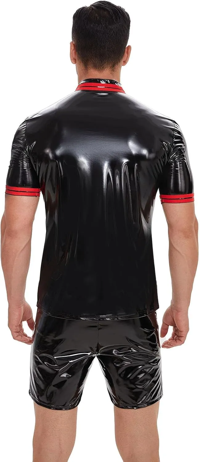 Men's Leather T-Shirt, Metallic Shiny Latex Black Short Sleeve Shirt Wetlook Tshirt Tops,Round Neck