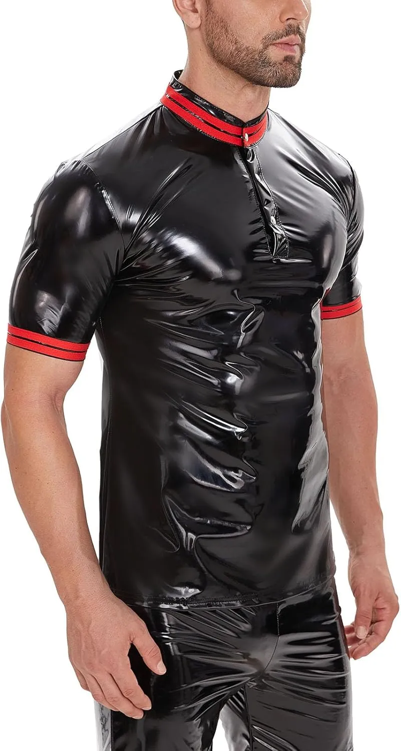 Men's Leather T-Shirt, Metallic Shiny Latex Black Short Sleeve Shirt Wetlook Tshirt Tops,Round Neck