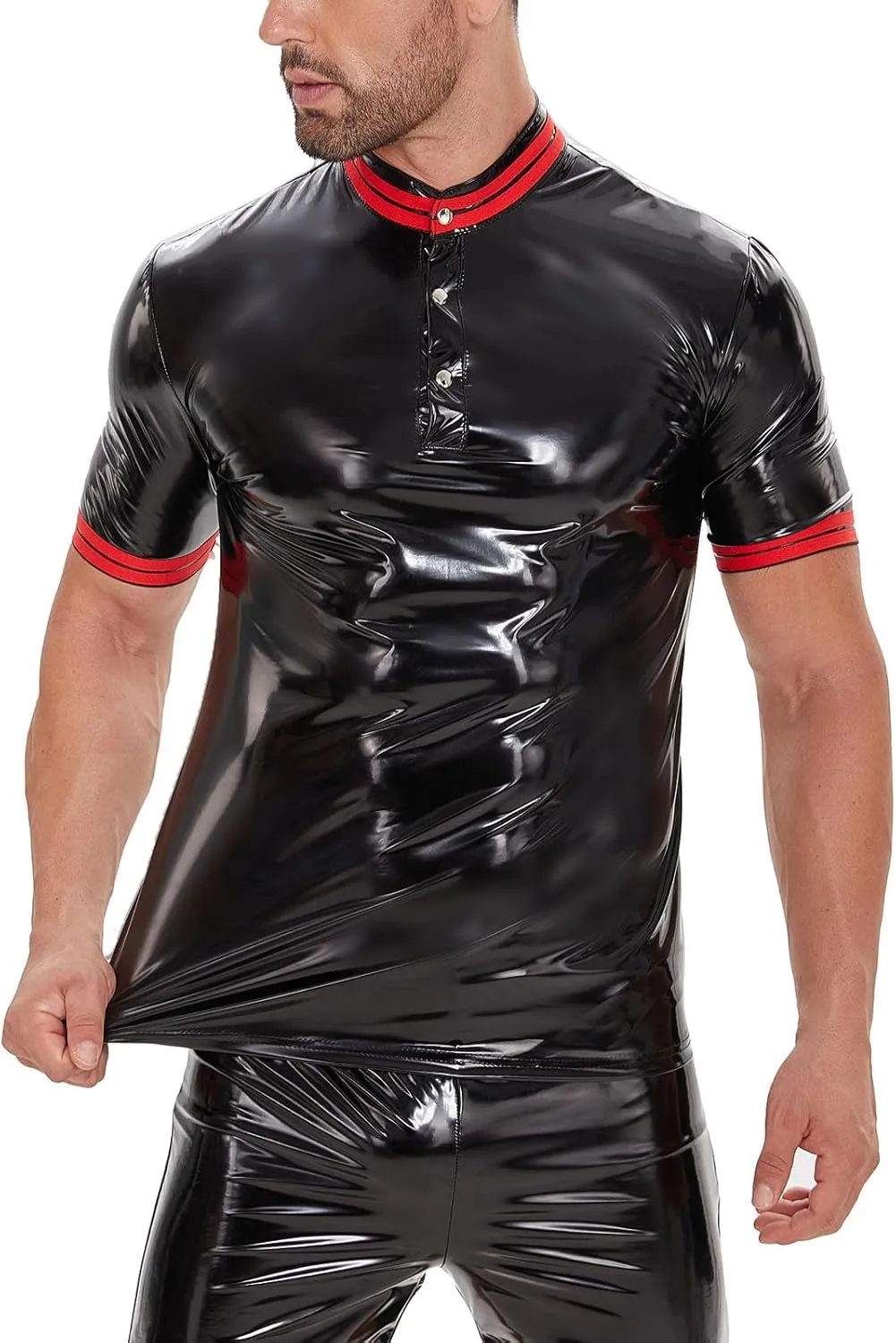 Men's Leather T-Shirt, Metallic Shiny Latex Black Short Sleeve Shirt Wetlook Tshirt Tops,Round Neck