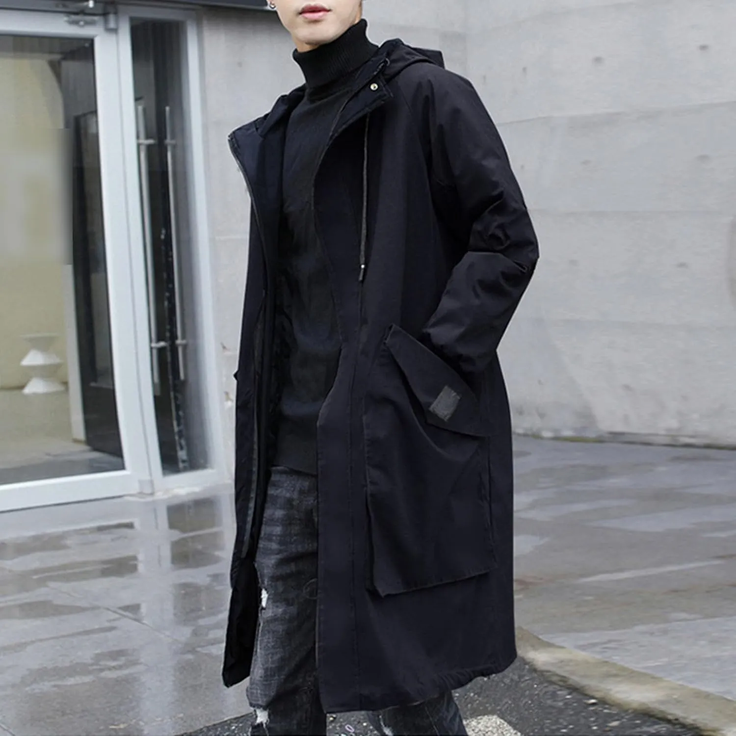 Men's Lightweight Hooded Windbreaker Trench Coat Fashion Casual Windproof Overcoat Spring Fall Mid Long Jacket