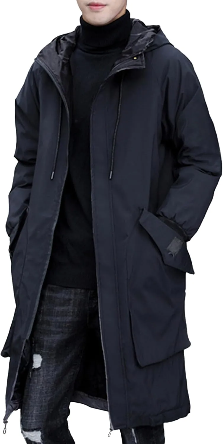 Men's Lightweight Hooded Windbreaker Trench Coat Fashion Casual Windproof Overcoat Spring Fall Mid Long Jacket