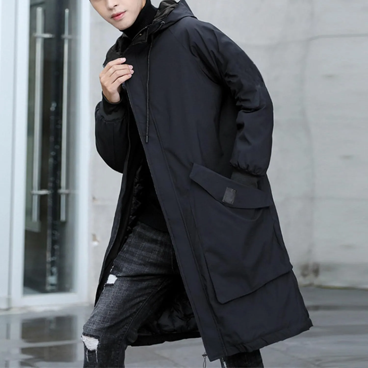 Men's Lightweight Hooded Windbreaker Trench Coat Fashion Casual Windproof Overcoat Spring Fall Mid Long Jacket