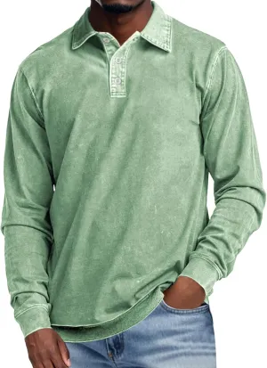 Men's Long Sleeve Polo Shirts Distressed Washed Cotton T-Shirt Lightweight Casual Button Collared Shirt Top