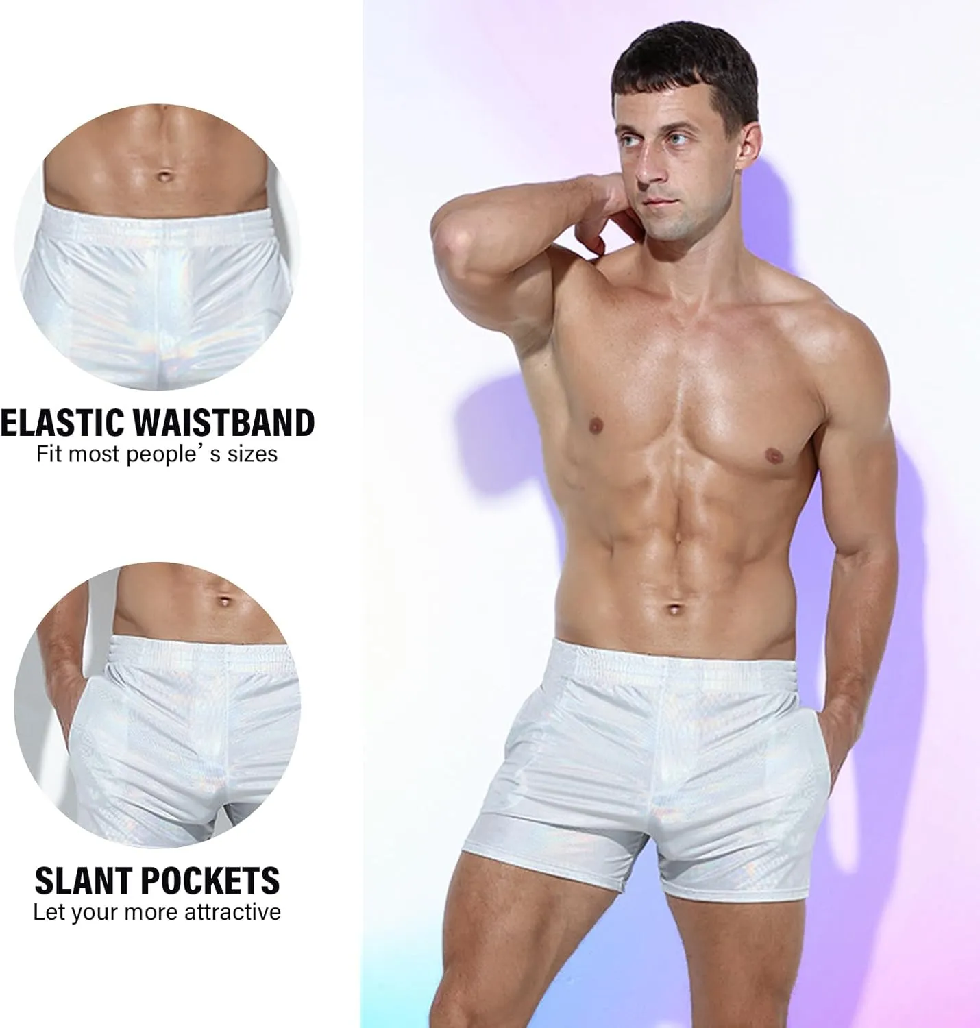 Mens Metallic Shorts Sexy Boxers Party Nightclub Rave Shorts with Pocket