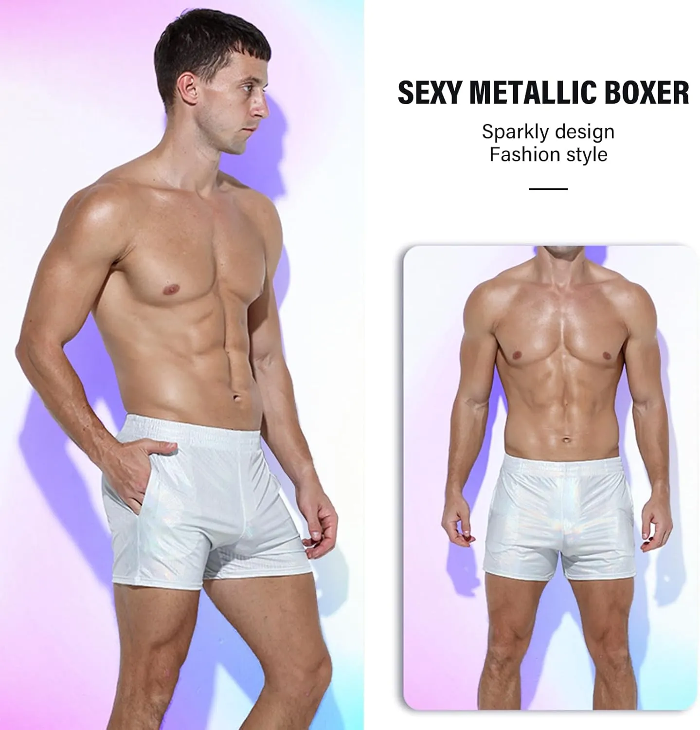 Mens Metallic Shorts Sexy Boxers Party Nightclub Rave Shorts with Pocket
