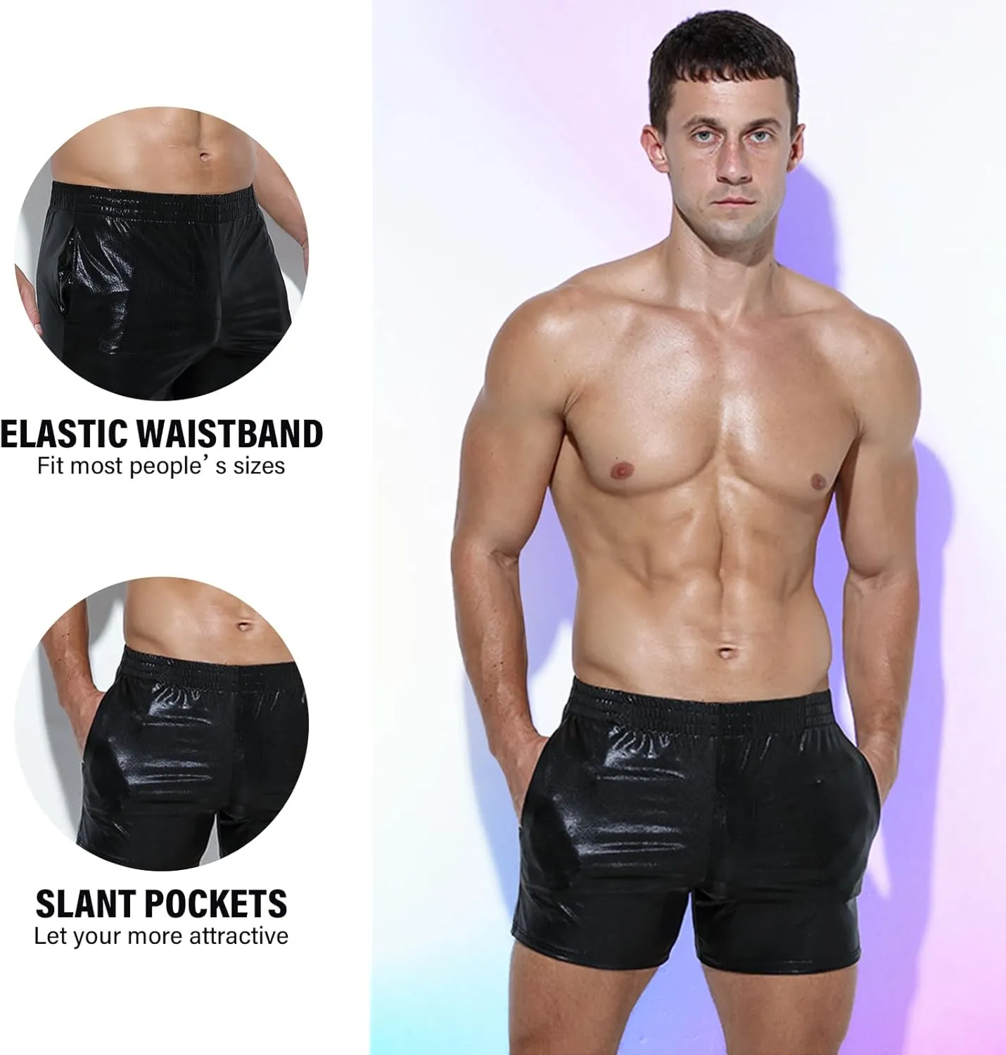 Mens Metallic Shorts Sexy Boxers Party Nightclub Rave Shorts with Pocket
