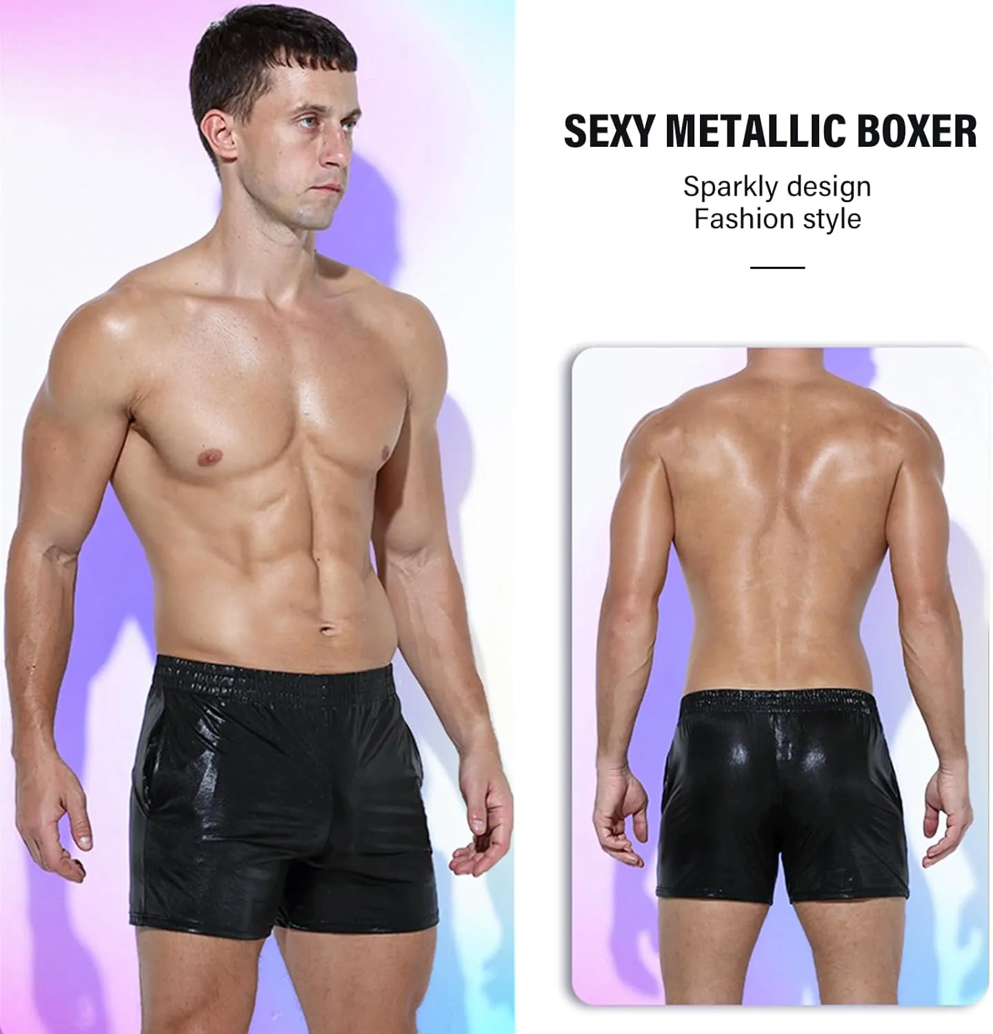 Mens Metallic Shorts Sexy Boxers Party Nightclub Rave Shorts with Pocket