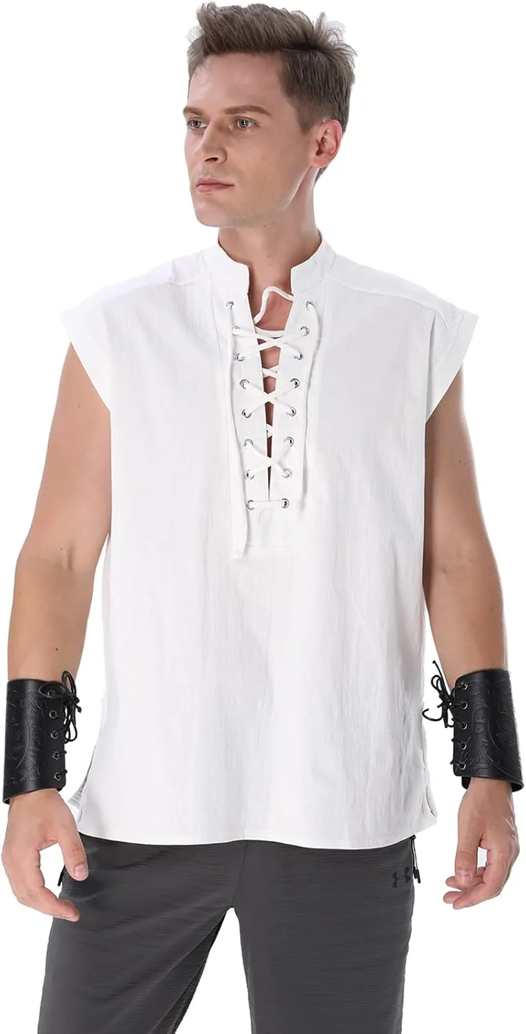 Mens Renaissance Shirt Medieval Viking Lace Up Sleeveless Shirts Pirate T-Shirt Costume Victorian Tank Top
