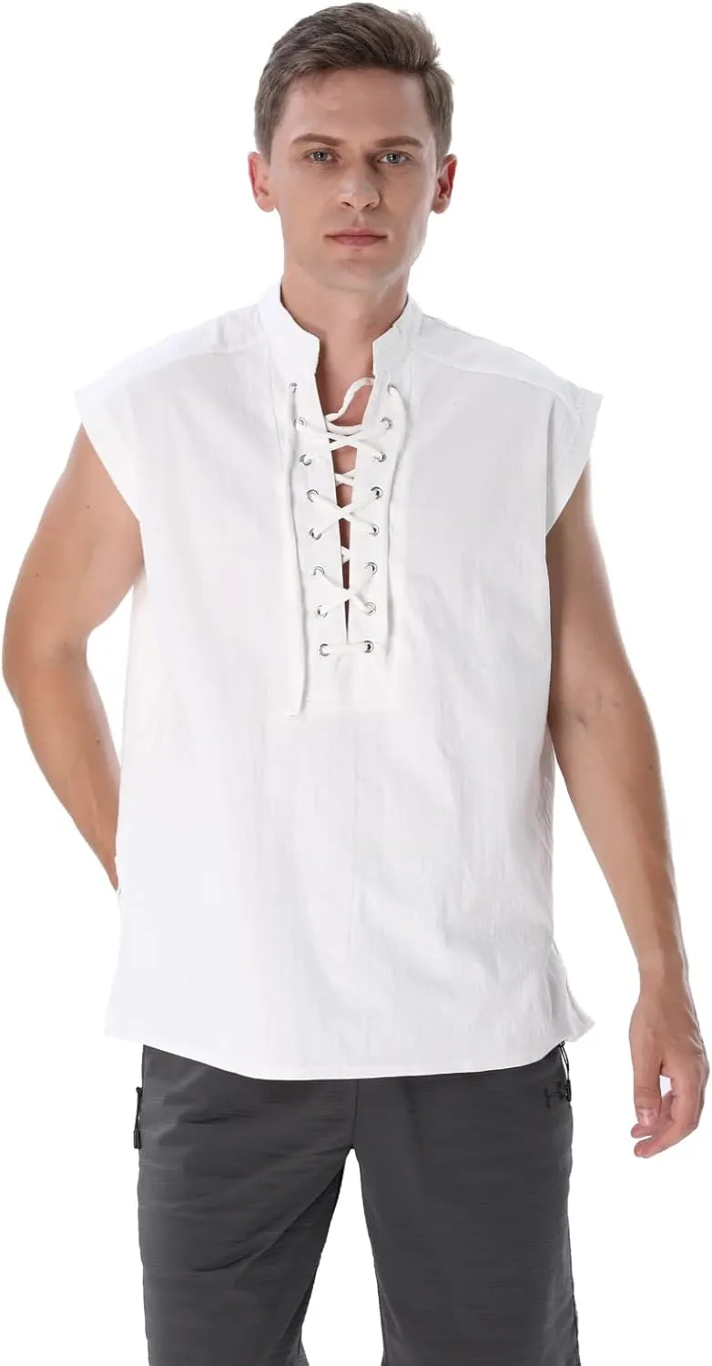 Mens Renaissance Shirt Medieval Viking Lace Up Sleeveless Shirts Pirate T-Shirt Costume Victorian Tank Top