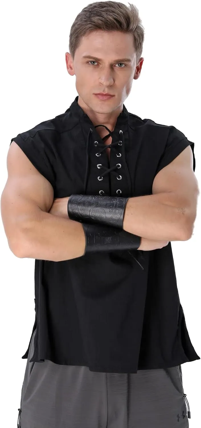 Mens Renaissance Shirt Medieval Viking Lace Up Sleeveless Shirts Pirate T-Shirt Costume Victorian Tank Top
