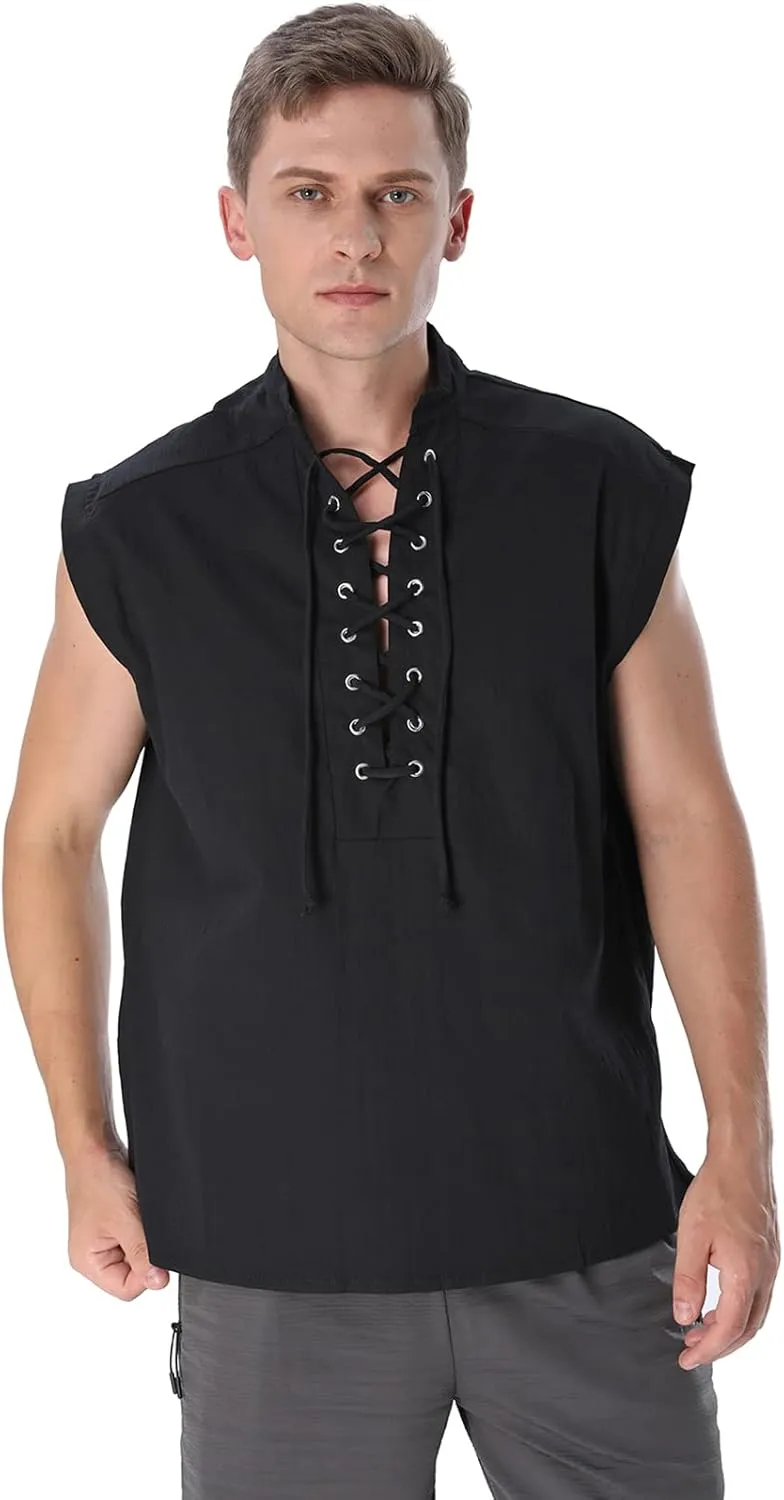Mens Renaissance Shirt Medieval Viking Lace Up Sleeveless Shirts Pirate T-Shirt Costume Victorian Tank Top