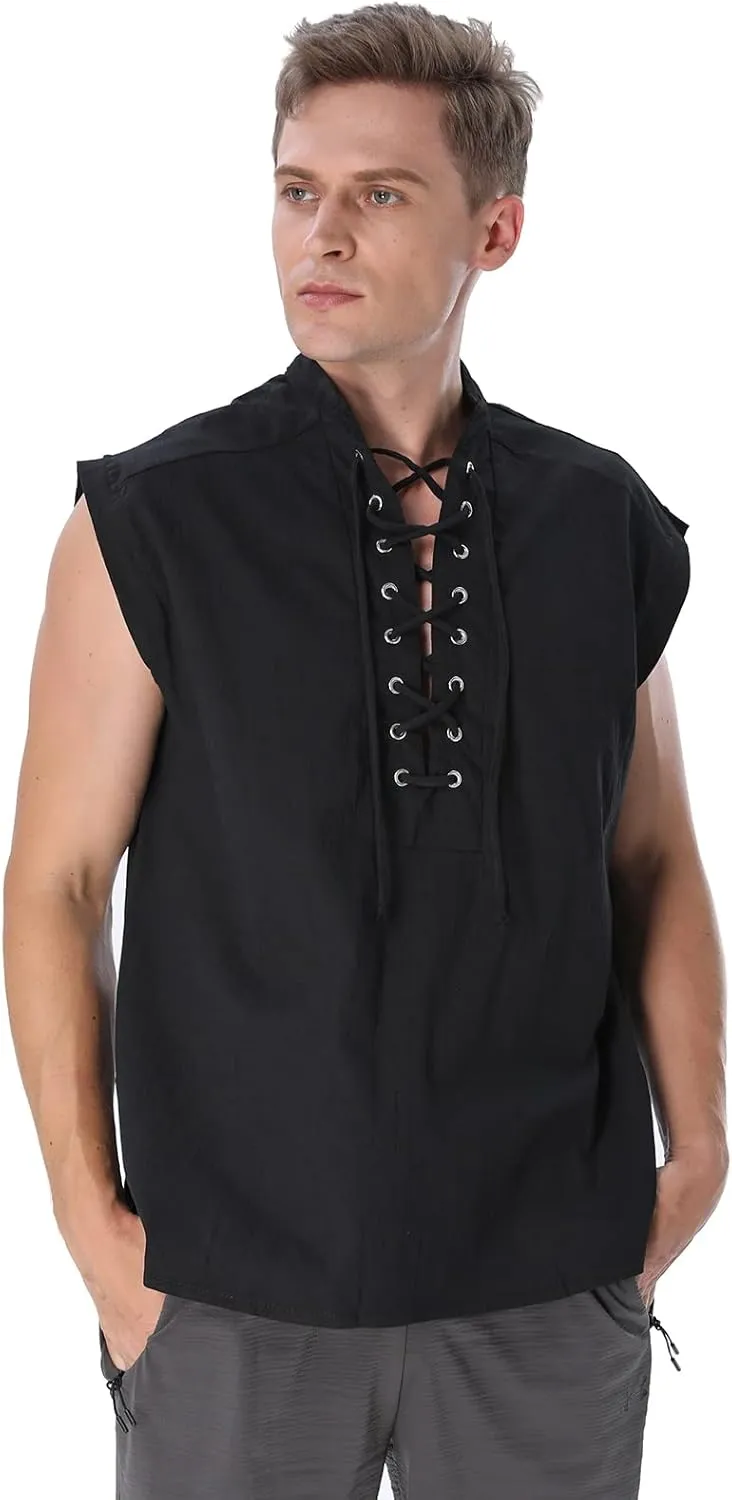 Mens Renaissance Shirt Medieval Viking Lace Up Sleeveless Shirts Pirate T-Shirt Costume Victorian Tank Top