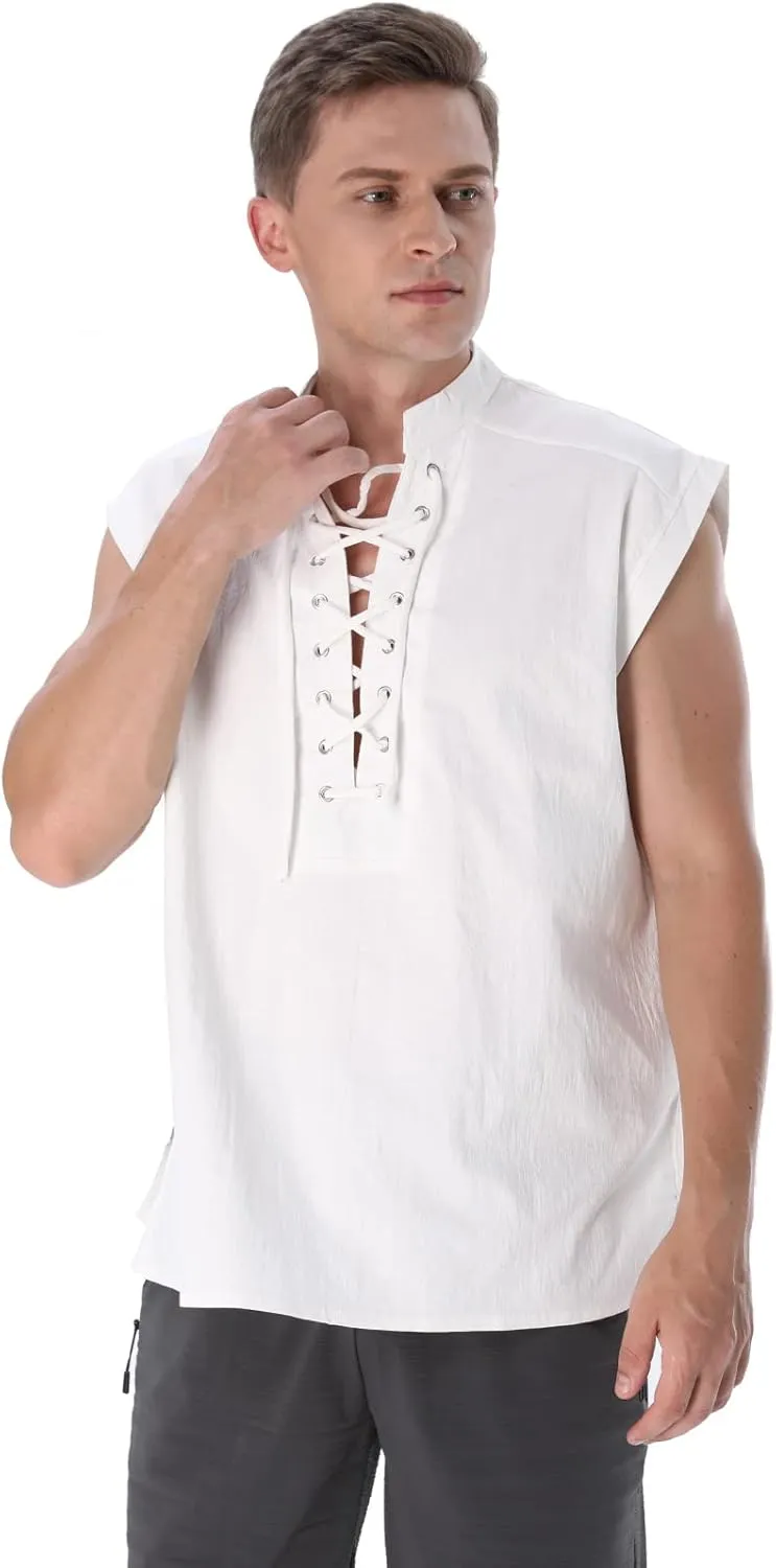 Mens Renaissance Shirt Medieval Viking Lace Up Sleeveless Shirts Pirate T-Shirt Costume Victorian Tank Top