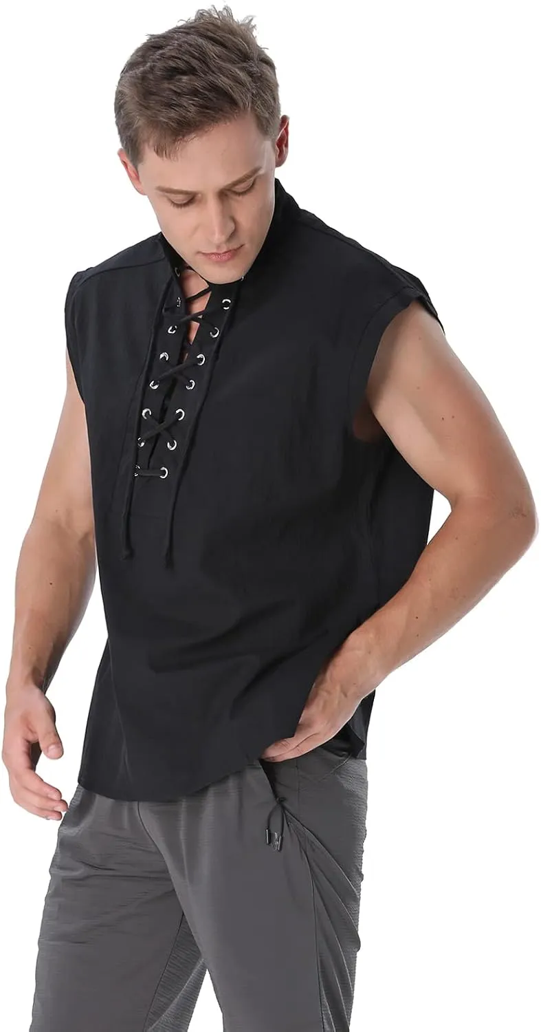 Mens Renaissance Shirt Medieval Viking Lace Up Sleeveless Shirts Pirate T-Shirt Costume Victorian Tank Top