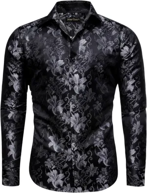 Mens Silk Paisley Dress Shirt Casual Button Down Shirt Long Sleeve Western Floral Shirts Wedding Party Holiday