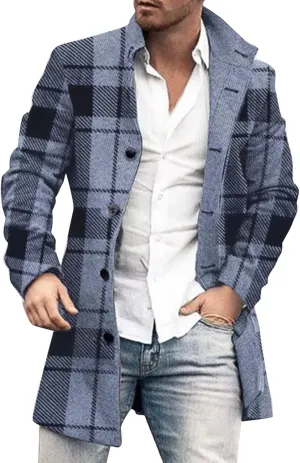 Mens Single Breasted Trench Coat Winter Wool Blend Pea Coat Oversized Warm Lapel Work Business Jacket Outerwear Coats