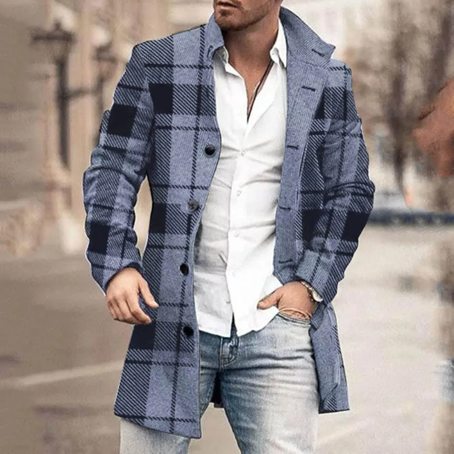 Mens Single Breasted Trench Coat Winter Wool Blend Pea Coat Oversized Warm Lapel Work Business Jacket Outerwear Coats