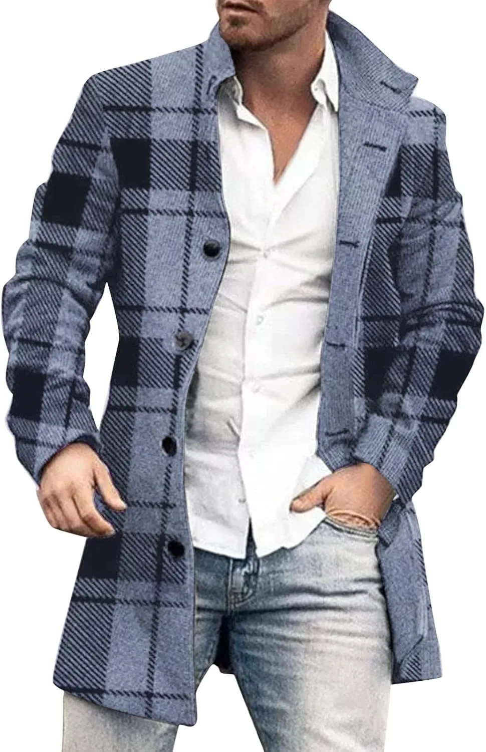 Mens Single Breasted Trench Coat Winter Wool Blend Pea Coat Oversized Warm Lapel Work Business Jacket Outerwear Coats