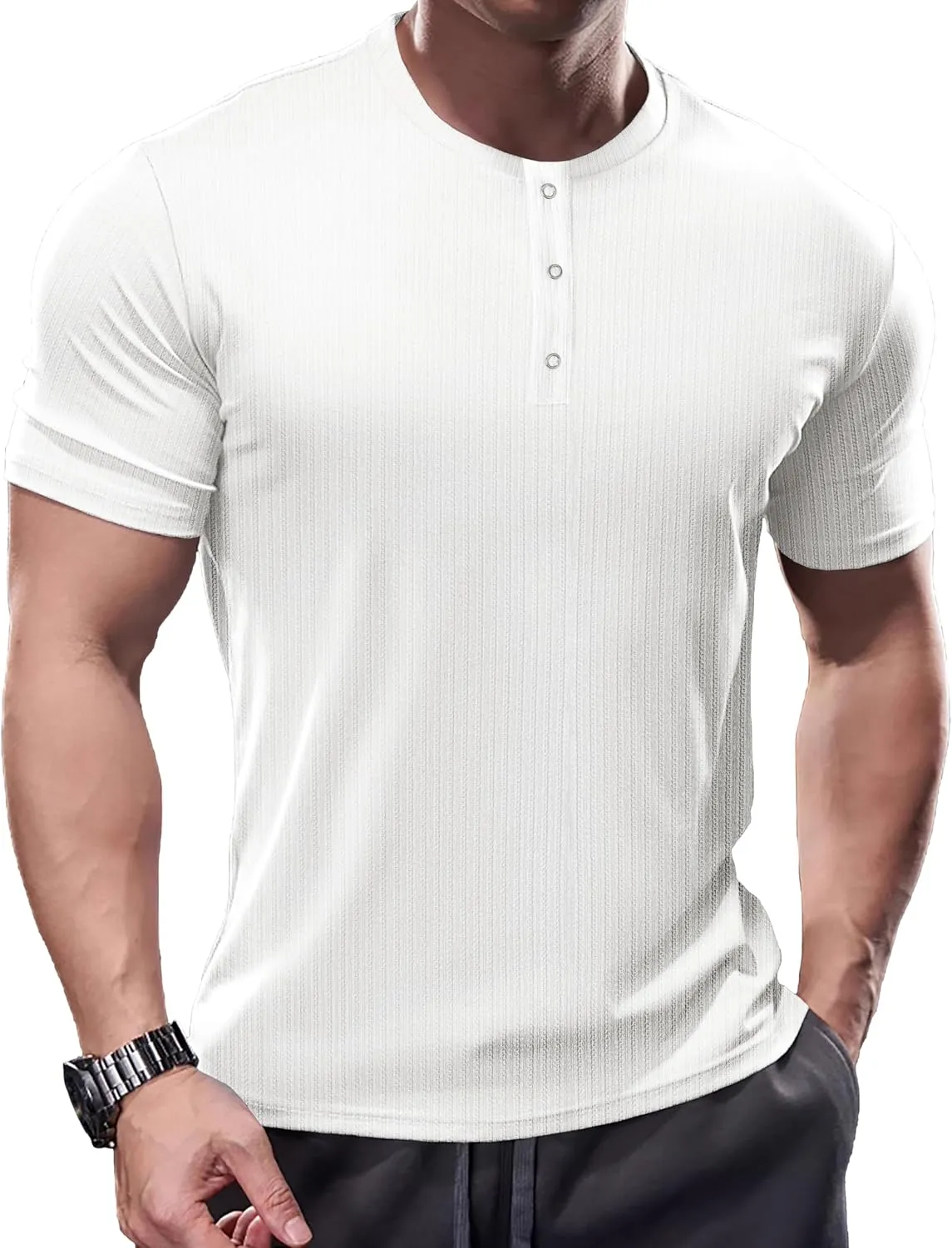 Men's Slim Fit Muscle Henley Shirts Stretch Long & Short Sleeve T-Shirt Bodybuilding Workout Gym Ribbed Knit Shirt