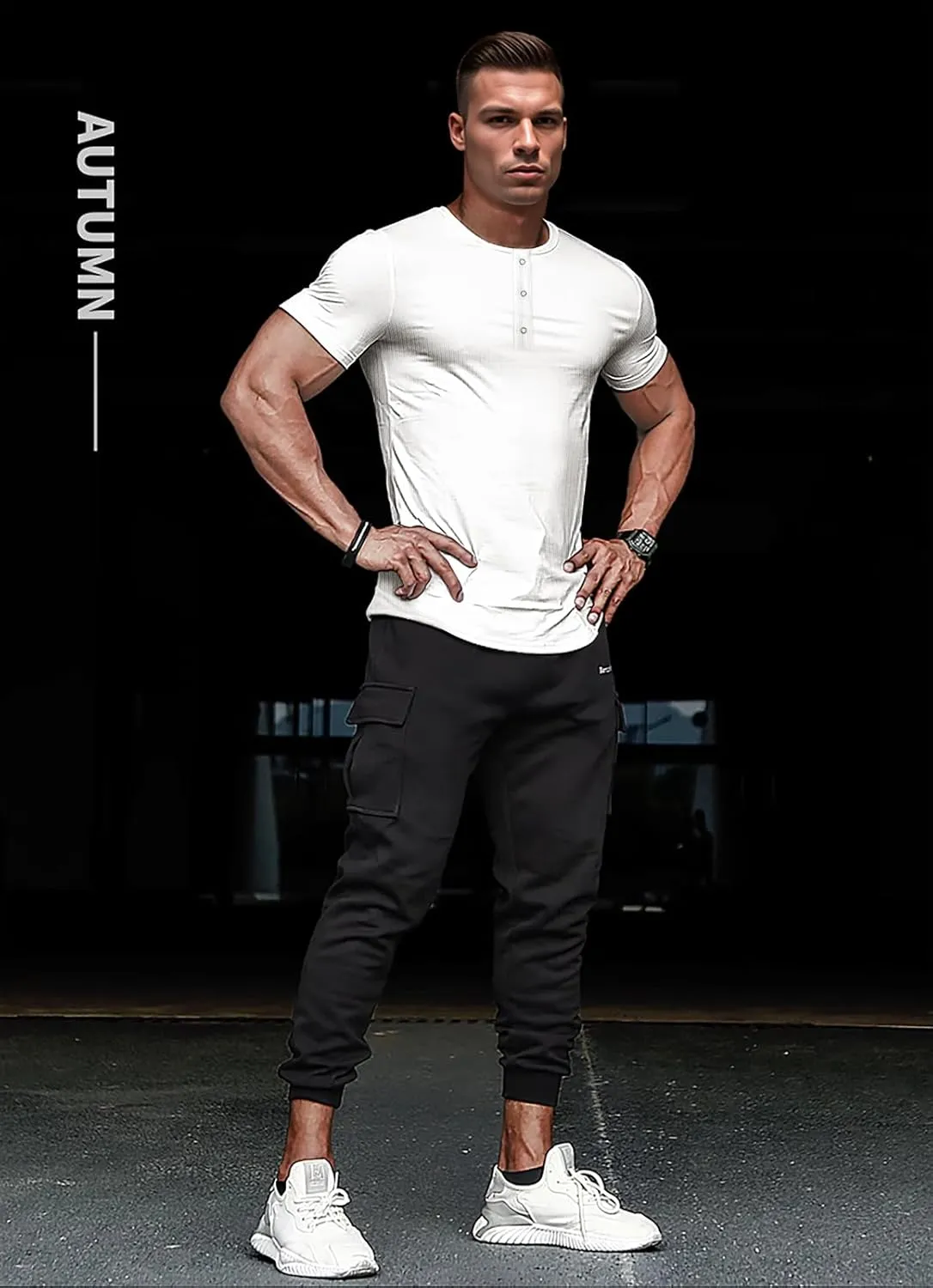 Men's Slim Fit Muscle Henley Shirts Stretch Long & Short Sleeve T-Shirt Bodybuilding Workout Gym Ribbed Knit Shirt