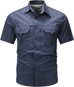 Men's Summer Short Sleeve Shirt Stretch Quick Dry Thin T-Shirt with Pocket Work Slim Button Top
