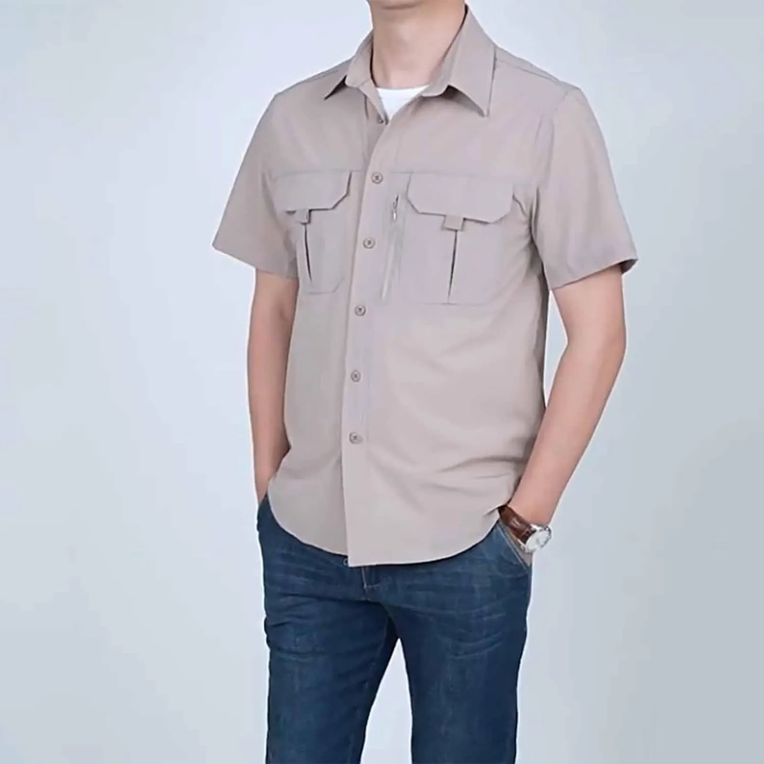 Men's Summer Short Sleeve Shirt Stretch Quick Dry Thin T-Shirt with Pocket Work Slim Button Top