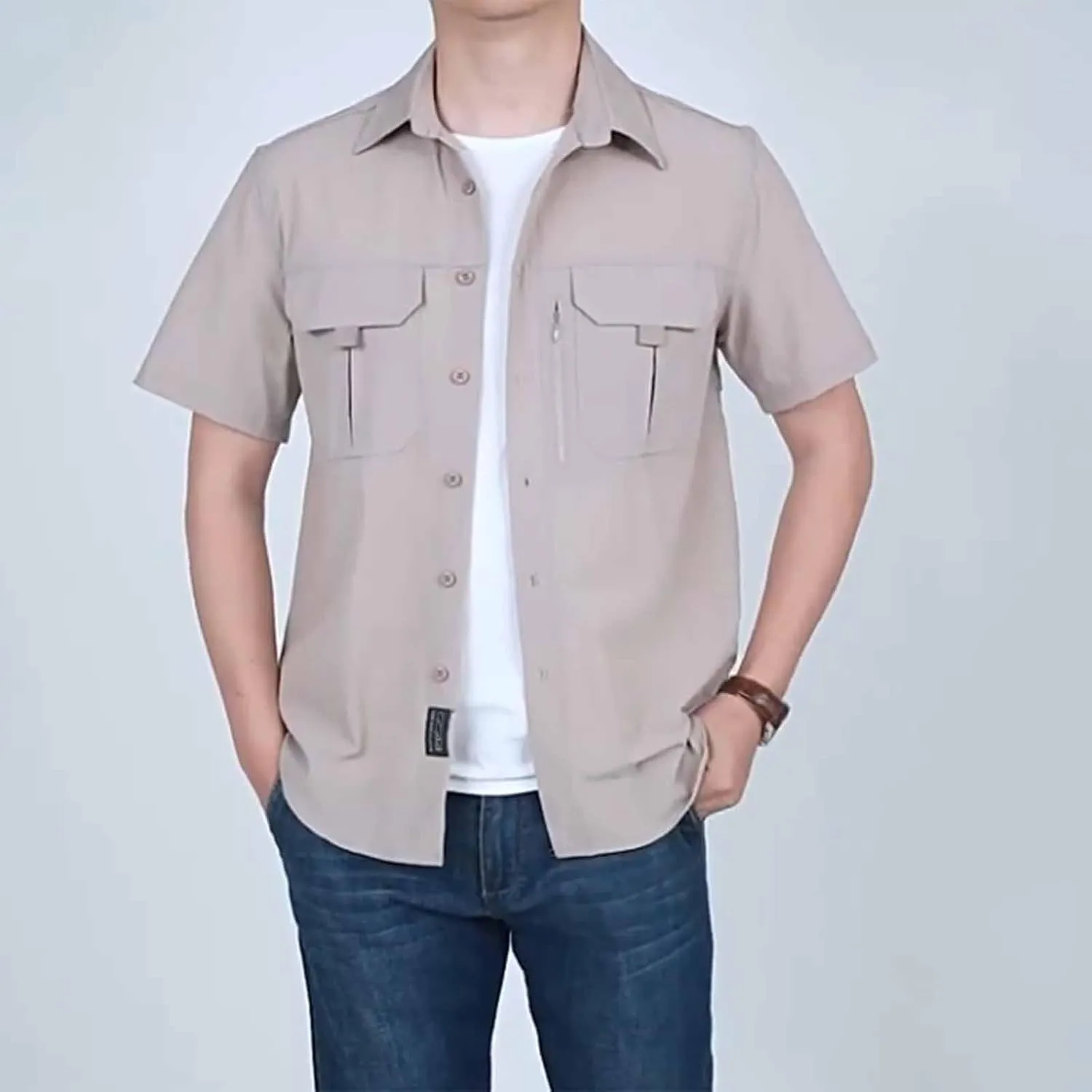 Men's Summer Short Sleeve Shirt Stretch Quick Dry Thin T-Shirt with Pocket Work Slim Button Top