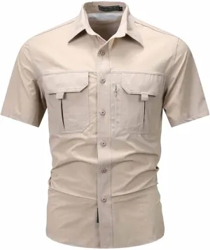 Men's Summer Short Sleeve Shirt Stretch Quick Dry Thin T-Shirt with Pocket Work Slim Button Top