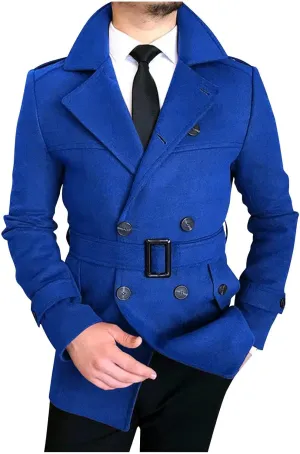 Men's Winter Coats Double Breasted Lapel Overcoat Classic Pea Coat Long Sleeve Trendy Fashion Trench Coat with Belt