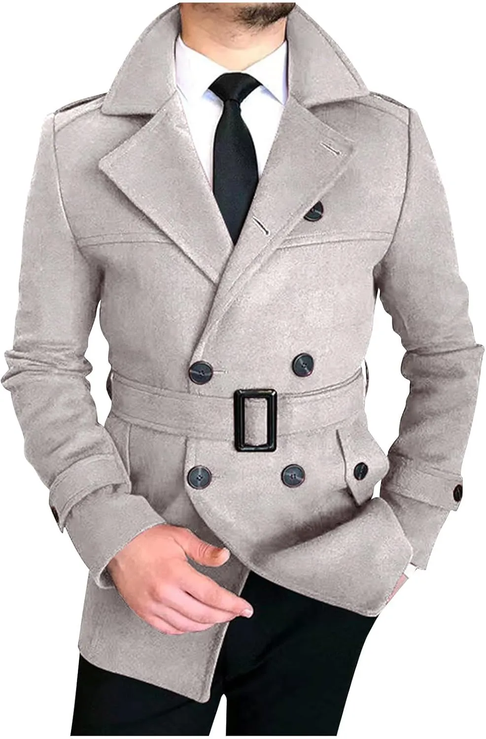 Men's Winter Coats Double Breasted Lapel Overcoat Classic Pea Coat Long Sleeve Trendy Fashion Trench Coat with Belt