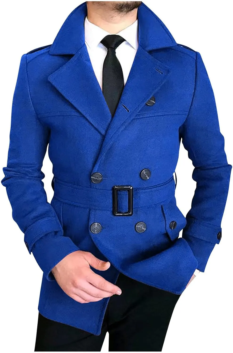 Men's Winter Coats Double Breasted Lapel Overcoat Classic Pea Coat Long Sleeve Trendy Fashion Trench Coat with Belt