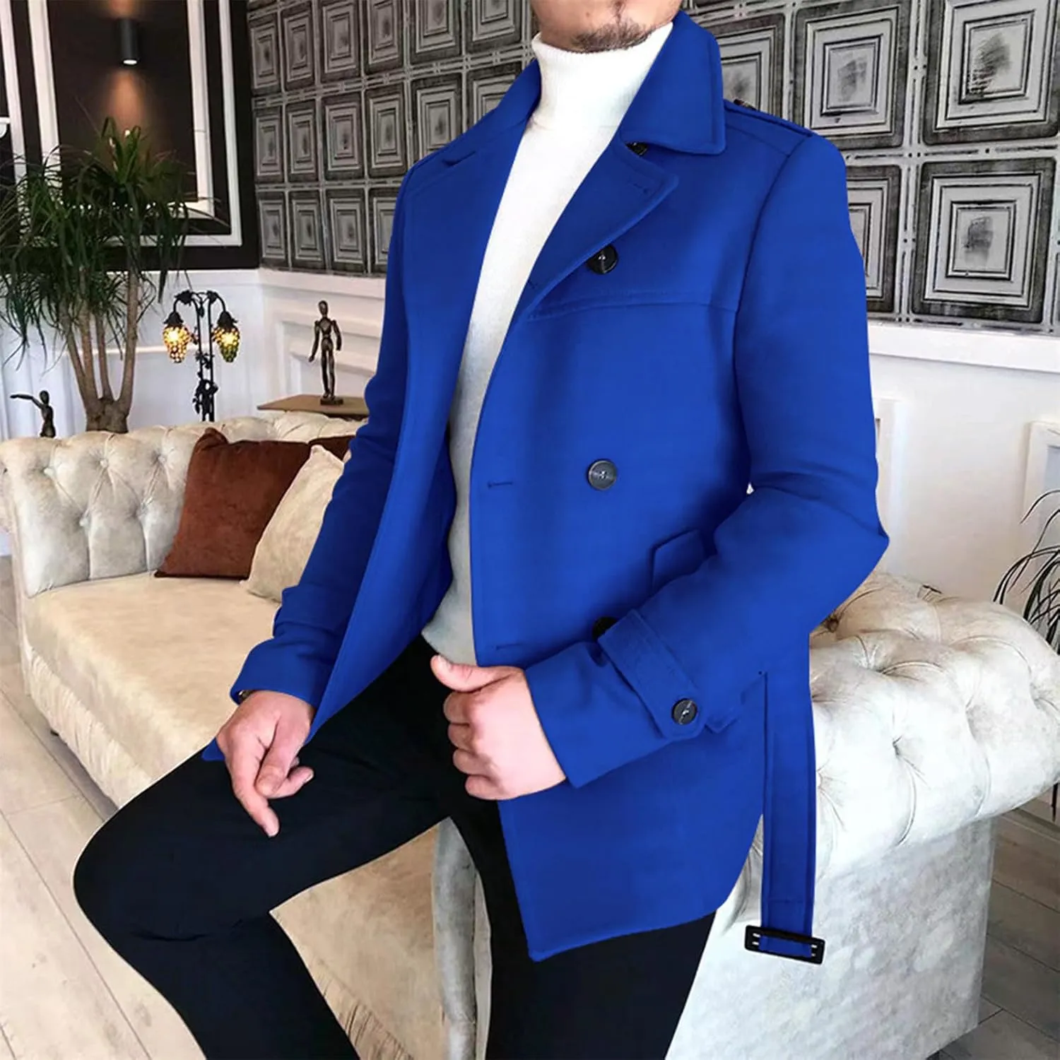 Men's Winter Coats Double Breasted Lapel Overcoat Classic Pea Coat Long Sleeve Trendy Fashion Trench Coat with Belt