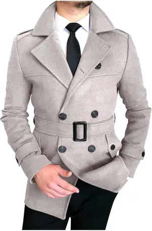 Men's Winter Coats Double Breasted Lapel Overcoat Classic Pea Coat Long Sleeve Trendy Fashion Trench Coat with Belt