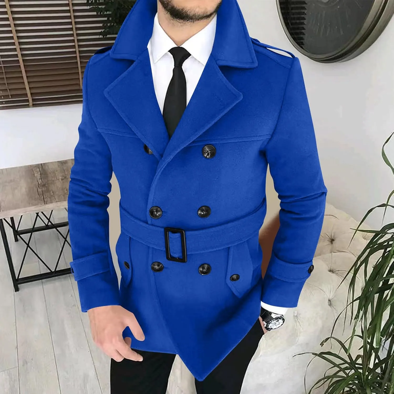 Men's Winter Coats Double Breasted Lapel Overcoat Classic Pea Coat Long Sleeve Trendy Fashion Trench Coat with Belt