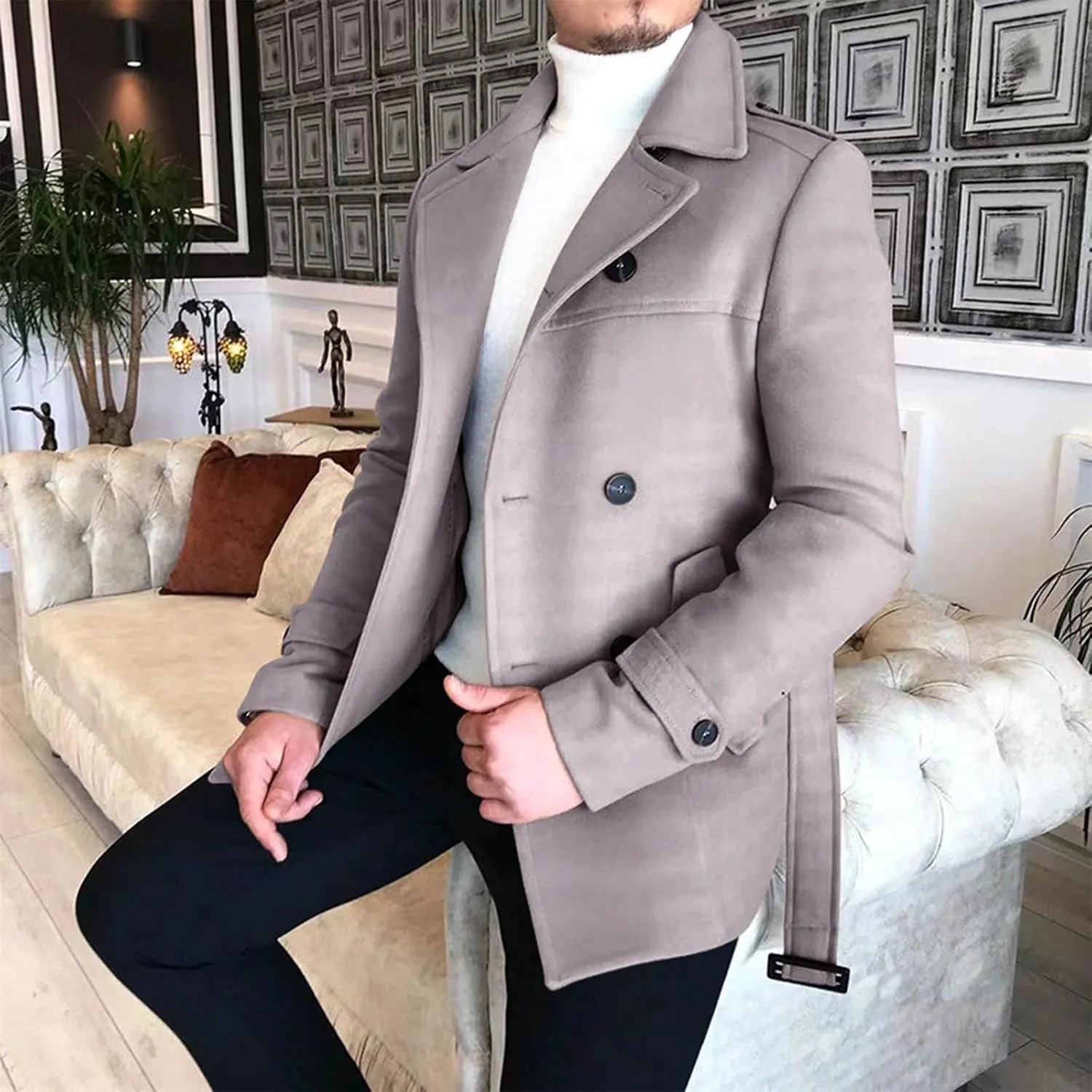 Men's Winter Coats Double Breasted Lapel Overcoat Classic Pea Coat Long Sleeve Trendy Fashion Trench Coat with Belt