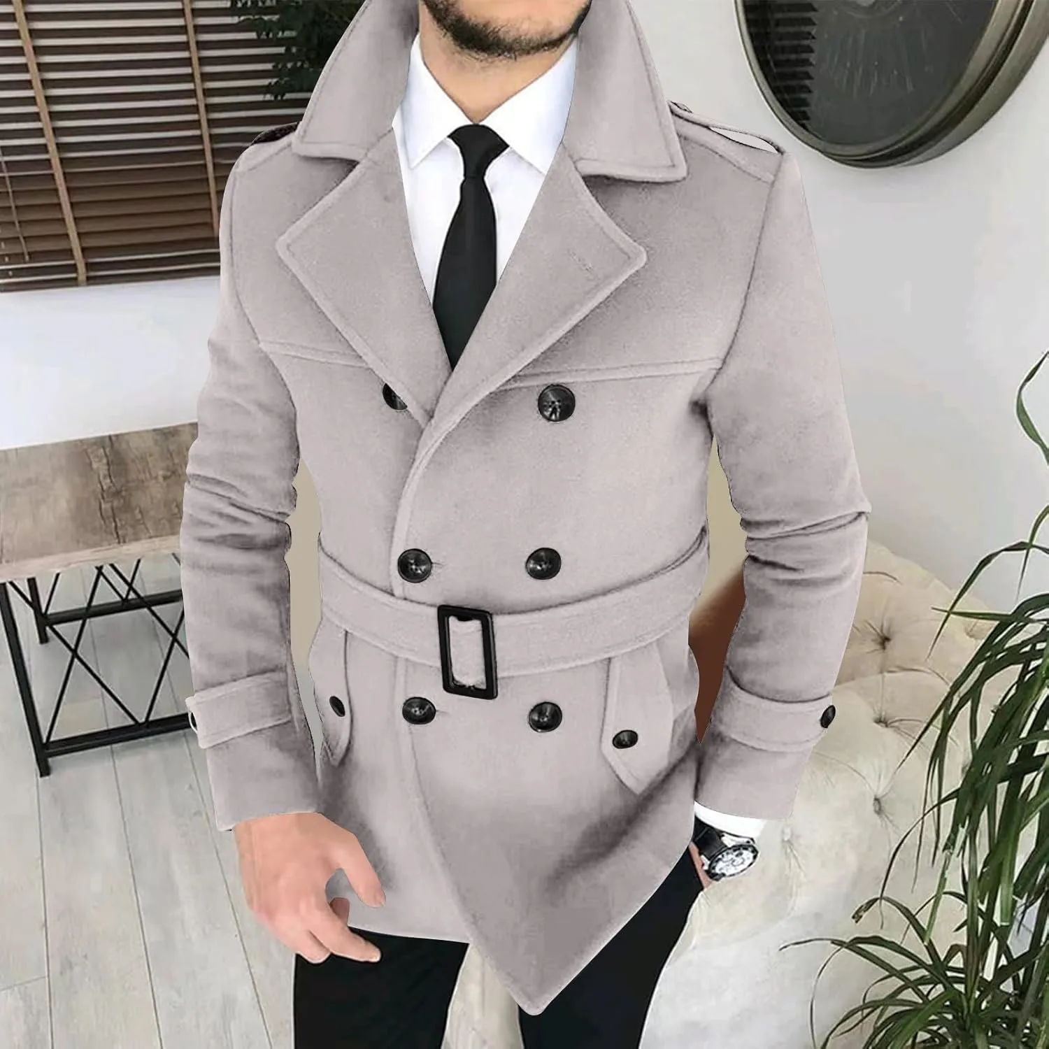Men's Winter Coats Double Breasted Lapel Overcoat Classic Pea Coat Long Sleeve Trendy Fashion Trench Coat with Belt