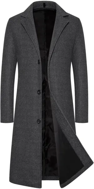 Men's Winter Trench Coat Full Length Single Breasted Warm Pea coat Wool Blend Long Windbreaker Notch Lapel Overcoat