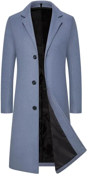Men's Winter Trench Coat Full Length Single Breasted Warm Pea coat Wool Blend Long Windbreaker Notch Lapel Overcoat