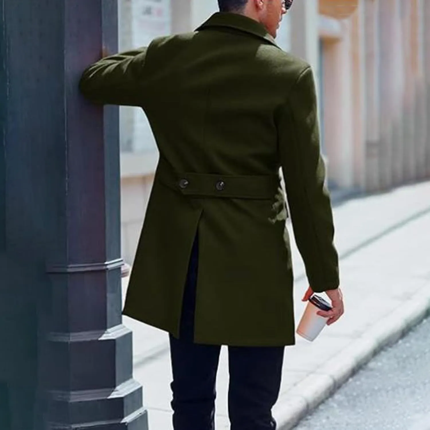 Men's Winter Warm Peacoat Single Breasted Trench Wool Blend Overcoat with Pockets