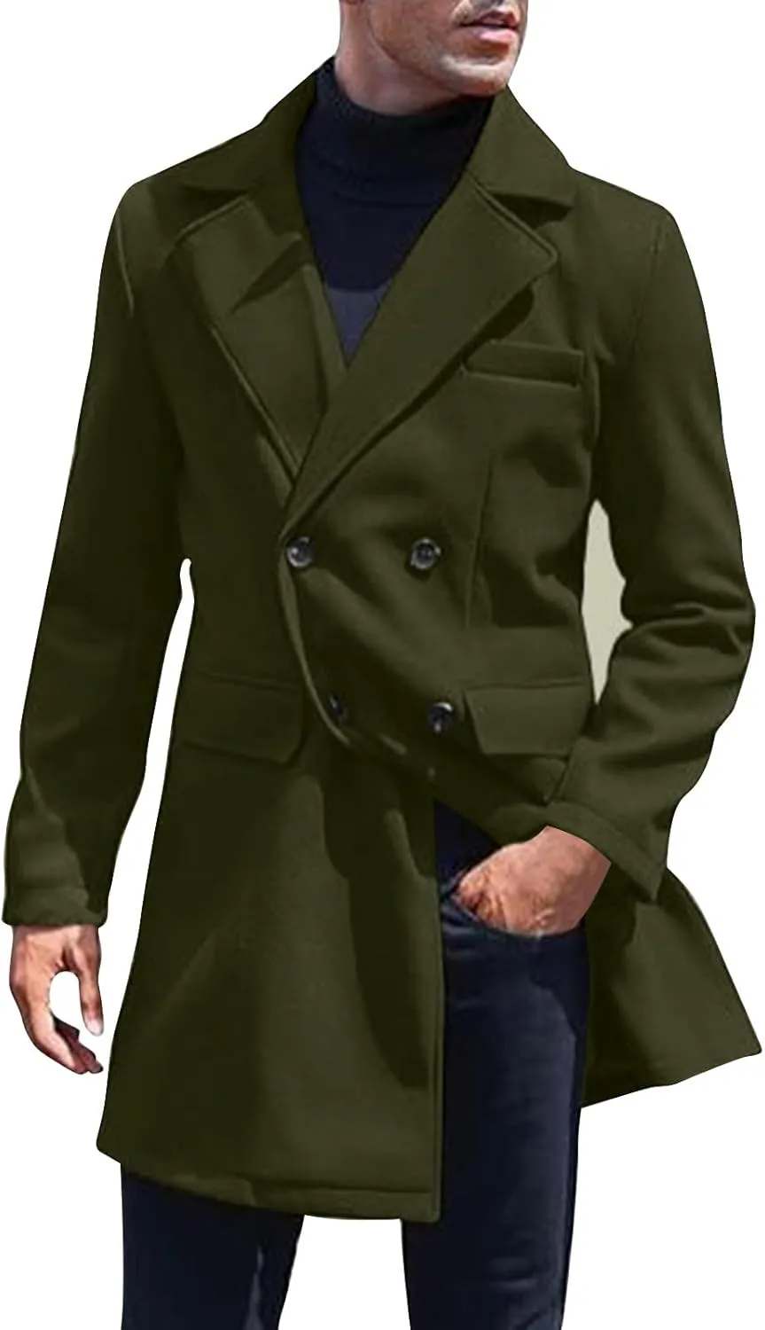 Men's Winter Warm Peacoat Single Breasted Trench Wool Blend Overcoat with Pockets